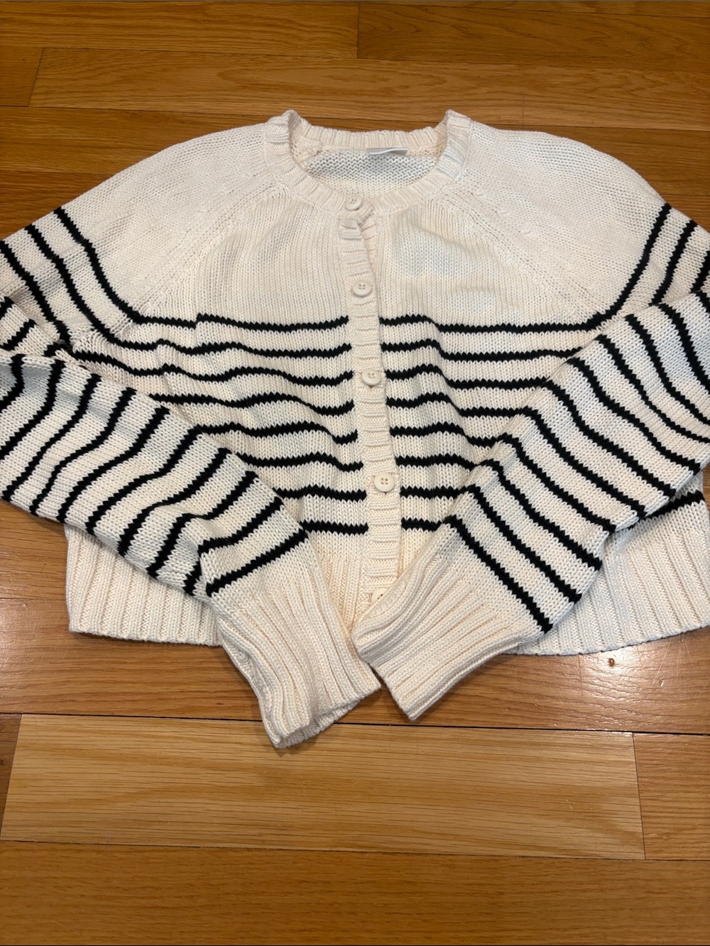 Classic Cream & Black Striped Crewneck Cardigan Sweater